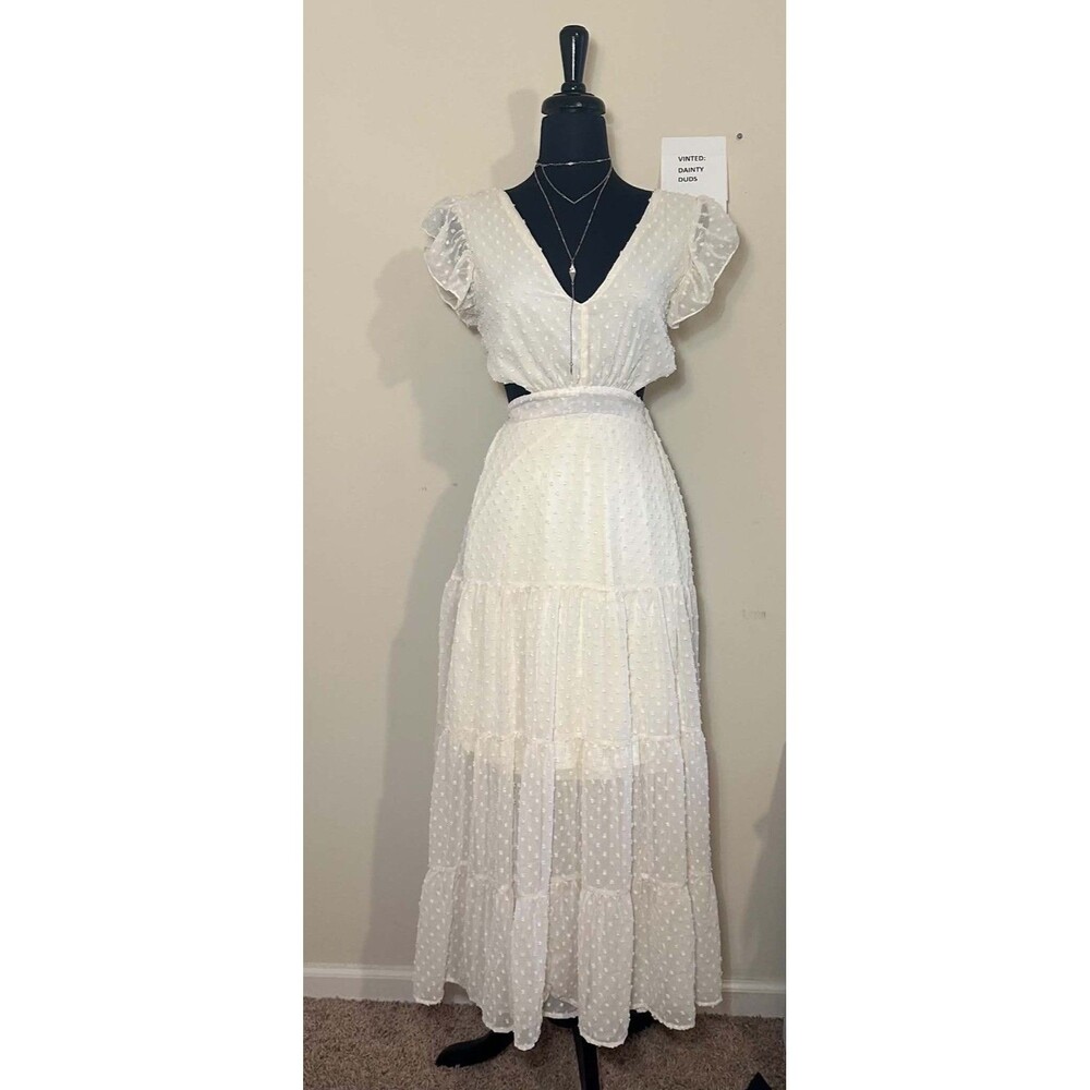 Altar’d State White Swiss Dot Maxi Dress S Lace Up Back Cottagecore Boho
